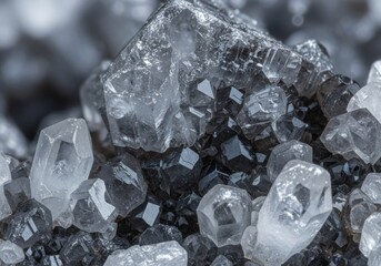 Close up macro shot of rough crystalline structure showing detailed mineralogical composition and texture ideal for scientific research and study, matrix, transparent, composition