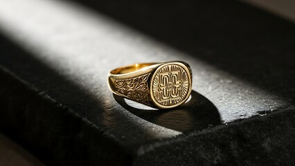 A detailed ornate gold signet ring rests on a dark textured surface illuminated by strong lighting
