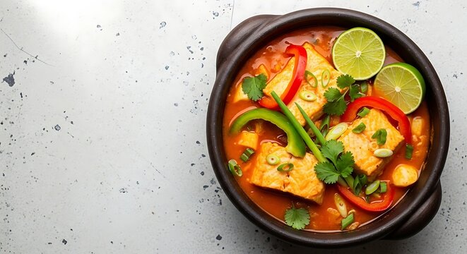 Brazilian fish moqueca in a clay pot, vibrant orange and green colors.