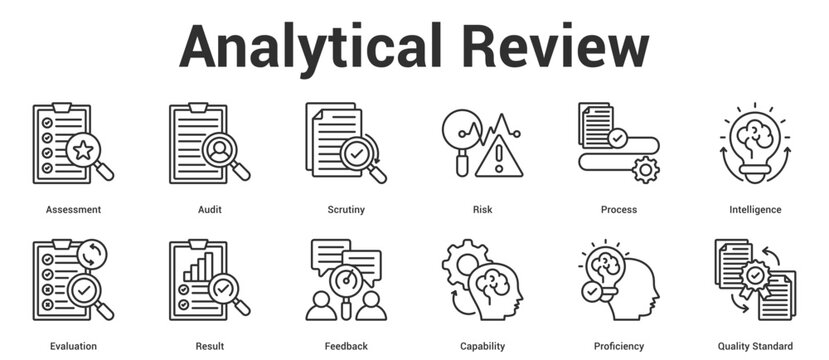 Analytical Review icon set vector illustration concept for business with icon of Assessment, Audit, Scrutiny, Risk, Process, Intelligence, Evaluation, Result, Feedback, Capability, Profici.