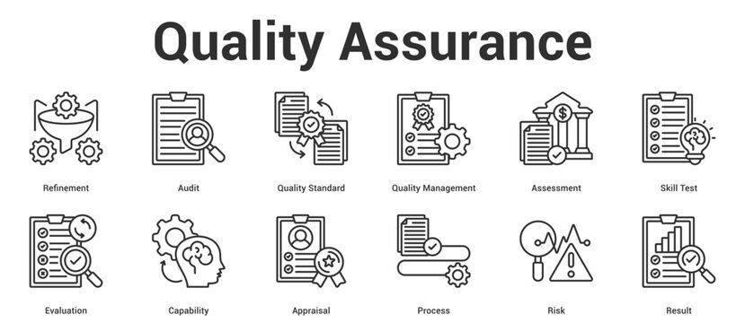 Quality Assurance icon set vector illustration concept for business with icon of Refinement, Audit, Quality Standard, Quality Management, Assessment, Skill Test, Evaluation, Capability, Apprais.