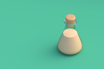 One chemistry flask with fluid on green background. Laboratory equipment. Science glassware. Copy space. 3d render