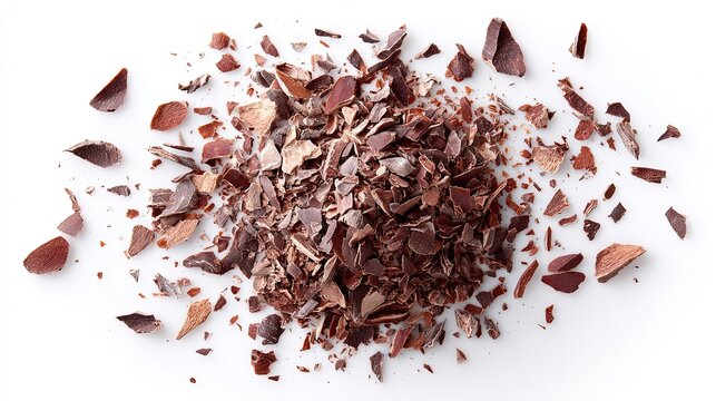 Pile of coarse broken cacao nibs scattered across a bright white surface from above