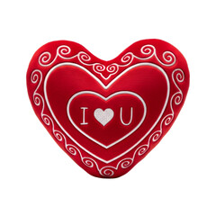 Red Heart Pillow with I Love You Embroidery and Swirl Decoration white