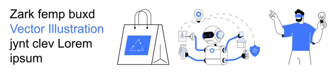 Fototapeta premium Artificial intelligence, robotics, innovation, sustainability, e-commerce, eco-friendly practices. Robot interacting with icons, recycling shopping bag man with idea bulb. Artificial intelligence