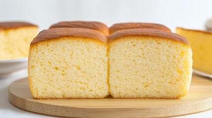 Golden soft bread loaf sliced in half on cutting board