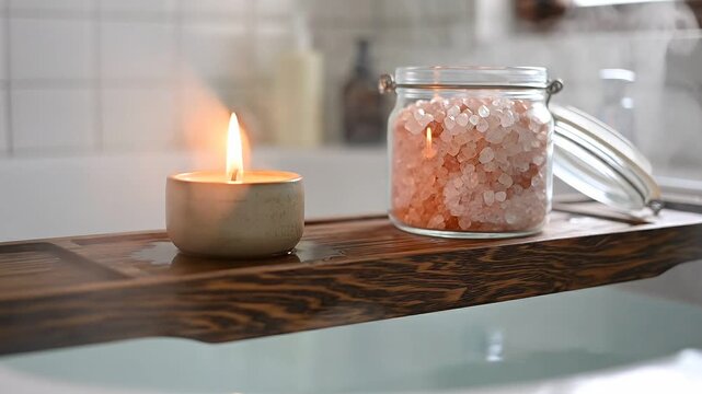 Lit candle and bath salts jar steaming on a wooden caddy over a warm bathtub for a relaxing self-care concept and tranquil home spa atmosphere