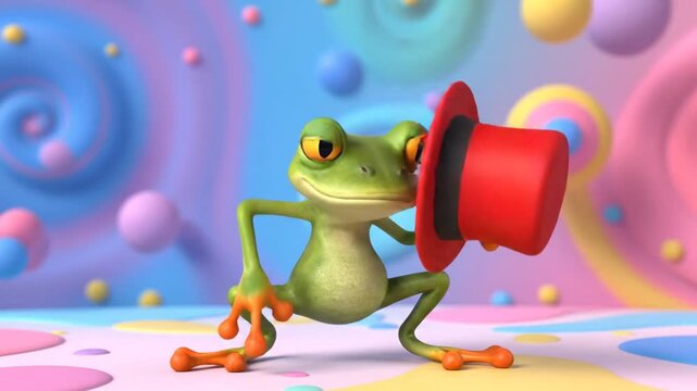 Joyful cartoon frog wearing a red hat, dancing energetically with open mouth and raised arms.
