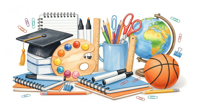 Educational supplies and graduation cap on a table with globe, basketball, and art materials, viewed from directly above