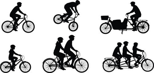 Naklejka premium Bicycle rider silhouettes collection, single and tandem bike illustration set, cycling family artwork, BMX stunt pose, rickshaw rider vector design elements