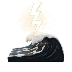 White lightning bolt striking a black wave with a moon in the background