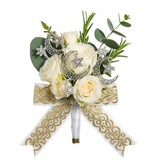 White roses with crescent moons and stars in a bouquet with gold ribbon