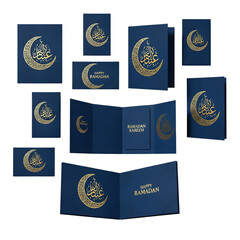 Blue and gold Ramadan greeting cards with crescent moon