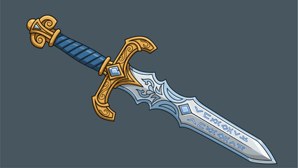 Ornate fantasy dagger illustration with intricate blue and gold hilt and engraved silver blade © Mucher