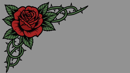 Stylized Red Rose and Thorny Vine Corner Graphic against Grey Background © Mucher