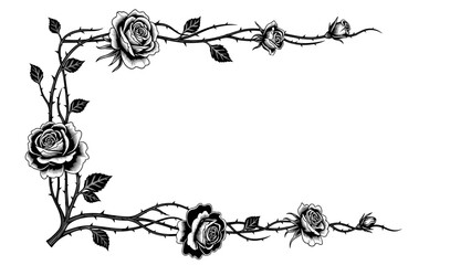 Monochrome Thorny Rose Vine Corner Border Illustration. Decorative Floral Frame Element. © Mucher