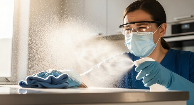 Spray Reaction Captured During Cleaning Showing Discomfort and Health Awareness Concept