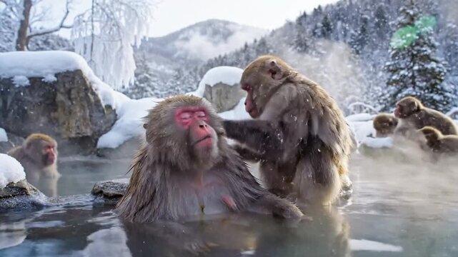Japanese snow monkeys relaxing in a hot spring, grooming each other in a wintry environment with snow covered mountains and trees