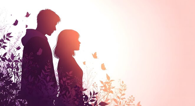 Silhouette of young couple standing among plants and butterflies against a warm sunset gradient background