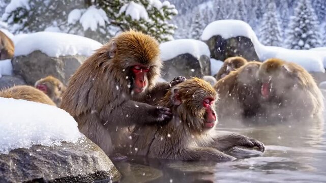 Japanese snow monkeys groom each other while relaxing in a steamy, snow-covered hot spring in the winter.
