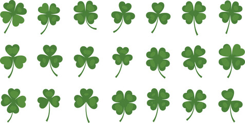 Obraz premium A diverse set of green clover leaves and lucky four-leaf shamrocks, ideal for St. Patrick's Day designs, good fortune motifs, spring decoration, and nature themes, symbolizing luck