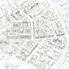 Obraz premium Isometric City Plan Blueprint Illustration. Architectural line drawing of urban residential development, roads, parks, and mixed housing layout.