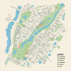Fototapeta premium Stylized Urban Planning Vector Map. Detailed City Layout Illustration with Residential, Commercial Zoning, Parks, and River Infrastructure Diagram.