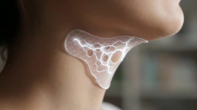 Close-up of a persons neck with a transparent, glowing thyroid gland overlay, illustrating medical conditions and health.