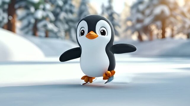 A 3D animated penguin character in a snowy landscape with trees in the background. The penguin is depicted in a cartoonish style, with a white body, black wings, and orange feet.