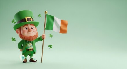 Charming 3D Leprechaun Holding Irish Flag with Shamrocks on Green Background.