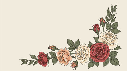 Vintage Rose Floral Corner Decoration. Hand-drawn botanical illustration with red, peach, and cream roses and leaves.