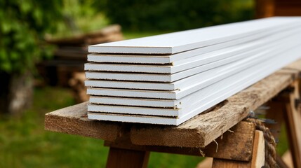 Naklejka premium Stack of white PVC trim boards resting on a wooden sawhorse outdoors