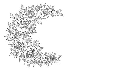 Fototapeta premium Elegant Rose Crescent Outline Illustration. Black and White Floral Arrangement Vector. Botanical Design Element.