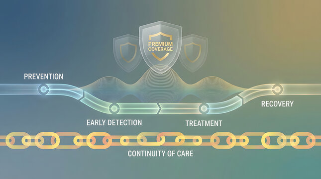 An infographic illustrating the healthcare continuum: prevention, early detection, treatment, and recovery, emphasizing premium coverage and continuity of care.