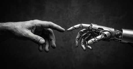 human hand touching robot hand, human and robot hand close up, ai robot hand reaching human, human robot connection gesture