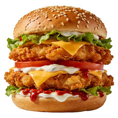 A double-decker crispy chicken burger with melted cheese, fresh lettuce, tomato slices, and sauces, topped with a sesame seed bun. Ideal for a savory, filling meal.