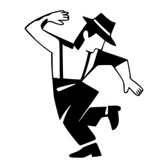 stylized black and white icon of a man dancing with energy