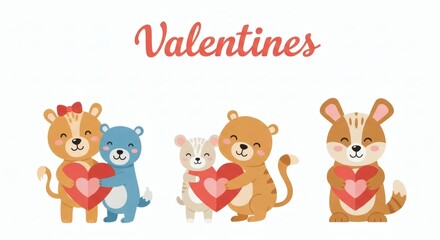 Fototapeta premium Valentines Animals Clipart Illustration Featuring Cuddly Bears and Rabbits with Hearts