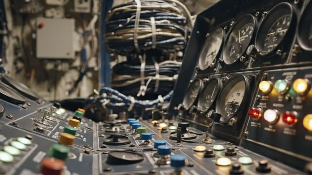 Detailed close-up of vintage control panel with gauges, buttons, and wires in retro machinery cabin interior