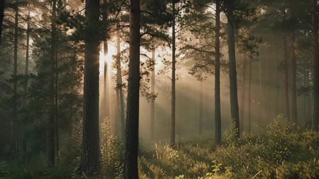 Cinematic forest video with warm sunset light flowing through trees and peaceful atmosphere