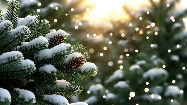 snowcovered pine tree closeup with bokeh lights in the backgroundsnow covered pine tree branch with pine cones.
