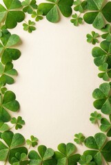 Fototapeta premium Vibrant Green Clover Leaves Frame a Blank Cream Background.
