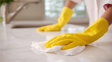 A person in yellow gloves cleans a countertop with a cloth, showcasing the importance of cleanliness and hygiene in a home environment.