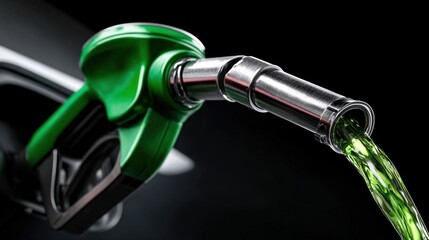 A close-up of a green fuel nozzle pouring fuel, highlighting the metallic shine against a dark background.