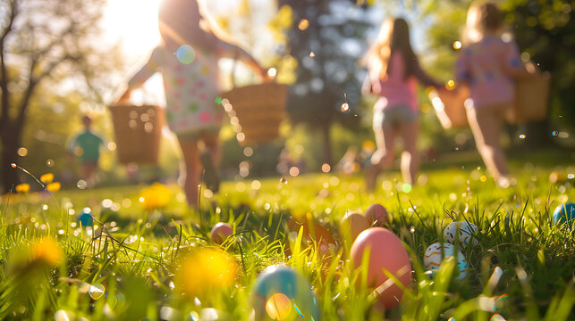Easter egg hunt in action, with children running across a sunny meadow with baskets, a joyful and energetic spring outdoor scene.

