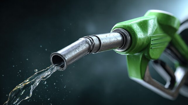 A close-up of a fuel nozzle dispensing liquid, highlighting the green handle and metallic details against a dark background.
