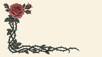 Elegant Red Rose and Thorny Vine Corner Decoration on Neutral Background