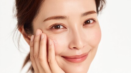 Fototapeta premium A smiling woman applies skincare to her face, showcasing a fresh, radiant appearance and healthy skin.