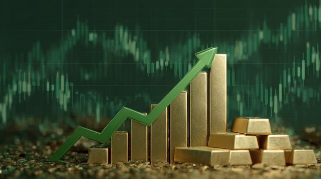 A green upward graph representing growth stands beside gold bars, symbolizing financial success and investment opportunities.