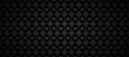 Black playing cards pattern background. Retro poker or casino table theme wallpaper. Dark grey colored vintage spades, hearts, diamonds, clubs symbols backdrop. Vegas gambling concept texture. Vector